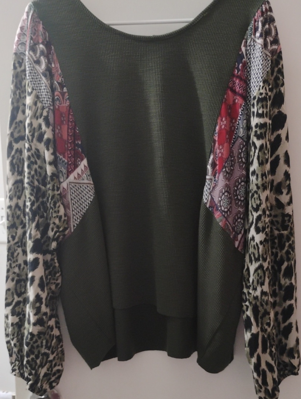 Forever 21 Olive Green Mixed-Print Scoop Neck Sweater with Red Accents